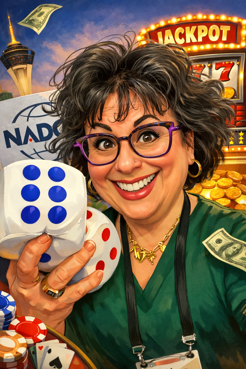Caricature image of woman holding dice in trade show booth